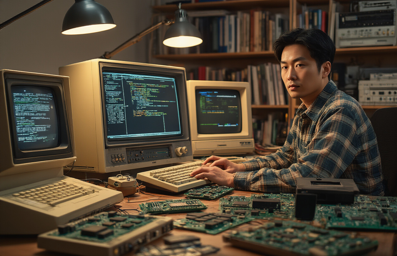Create a realistic image of an Asian male computer engineer in his 30s working at a vintage 1980s computer workstation with early graphics processing hardware, circuit boards and computer chips scattered on the desk, retro CRT monitors displaying early graphics and code, warm ambient lighting from desk lamps creating a focused working atmosphere, background showing shelves with technical manuals and early computing equipment, conveying innovation and forward-thinking vision in early computing technology, absolutely NO text should be in the scene.
