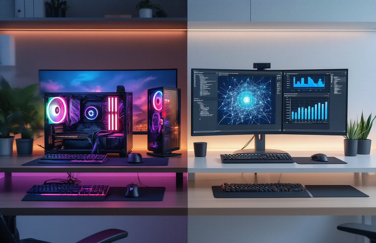 Create a realistic image of a modern tech office environment showing the evolution from gaming to AI computing, with a sleek desk displaying two distinct setups side by side - on the left a colorful gaming setup with RGB lighting, gaming peripherals, and vibrant graphics cards, and on the right a clean professional workstation with multiple monitors showing data visualization, neural network diagrams, and computational graphics, connected to powerful server-grade NVIDIA GPUs, with a subtle transition in lighting from warm gaming ambiance on the left to cool professional lighting on the right, representing the strategic shift in technology focus, set against a contemporary office background with glass surfaces and minimalist design, absolutely NO text should be in the scene.