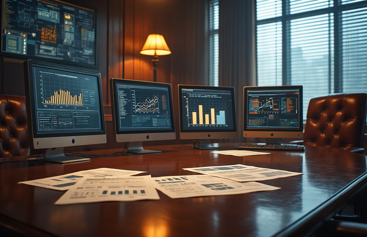 Create a realistic image of a dimly lit corporate boardroom or technology conference room from the early 2000s era with vintage computer monitors displaying simple graphs and data charts, scattered printed reports and market analysis documents on a polished wooden table, a few empty leather chairs suggesting missed opportunities, warm amber lighting from overhead fixtures creating dramatic shadows, with subtle tech company logos or circuit board patterns visible in the background, conveying a sense of overlooked potential and strategic foresight, absolutely NO text should be in the scene.