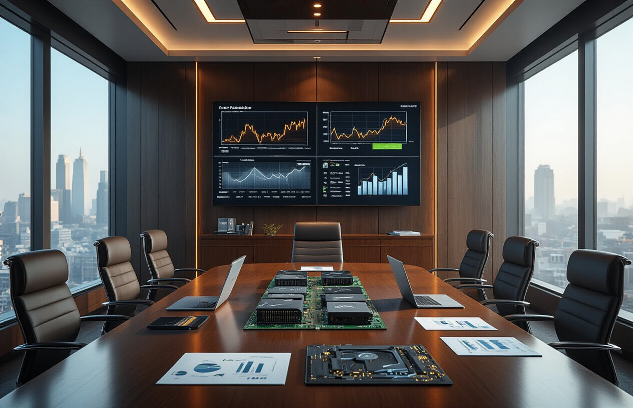 Create a realistic image of a modern corporate boardroom with a large polished conference table surrounded by executive chairs, showing NVIDIA graphics cards and AI chip prototypes displayed on the table alongside financial charts and investment documents, with a large wall-mounted screen displaying upward trending stock graphs and AI technology diagrams, featuring warm professional lighting from overhead fixtures and natural light from floor-to-ceiling windows showing a city skyline, conveying an atmosphere of strategic planning and technological innovation, absolutely NO text should be in the scene.