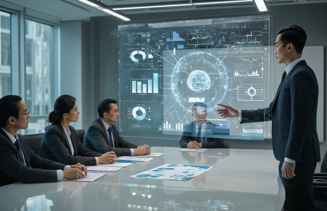 Create a realistic image of a sleek modern conference room with a large glass table where multiple diverse business executives in suits are seated looking at traditional charts and graphs, while one Asian male executive stands confidently at the head of the table pointing to a futuristic holographic display showing AI neural network visualizations and advanced technology concepts, with dramatic lighting highlighting the contrast between the traditional business materials and the cutting-edge AI visualization, conveying a sense of forward-thinking leadership and technological foresight, shot from a wide angle to capture the entire scene, absolutely NO text should be in the scene.