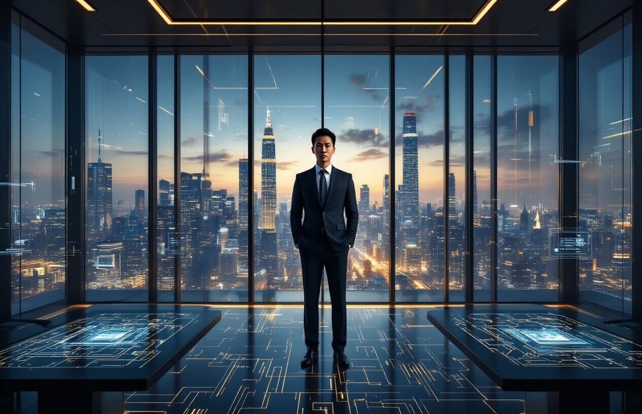 Create a realistic image of an Asian male executive in a dark business suit standing confidently in a modern corporate boardroom with floor-to-ceiling windows overlooking a futuristic city skyline filled with illuminated tech buildings, with advanced computer chips and circuit board patterns subtly reflected in the glass surfaces around him, surrounded by sleek conference tables displaying holographic AI network visualizations and glowing data streams, under sophisticated LED lighting that creates a visionary and triumphant atmosphere, with deep blue and gold color tones suggesting innovation and success, absolutely NO text should be in the scene.