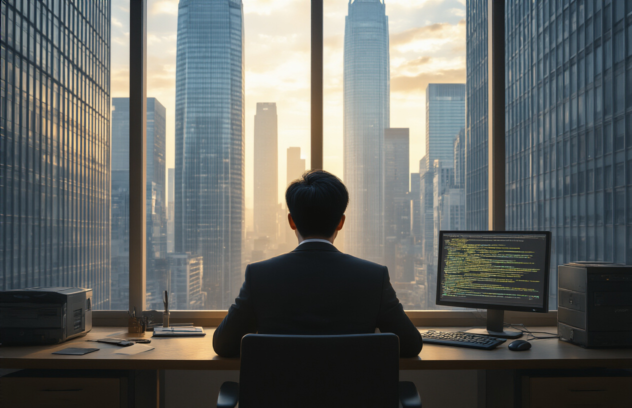 Create a realistic image of an Asian male entrepreneur in his early career days, wearing a simple business suit, sitting alone at a small desk in a modest office with outdated computer equipment, while through the window behind him, towering glass skyscrapers of major tech companies loom in the distance, creating a David vs Goliath atmosphere with dramatic lighting that casts long shadows across the cramped workspace, conveying determination despite overwhelming odds, with warm interior lighting contrasting against the cold, imposing corporate buildings outside. Absolutely NO text should be in the scene.