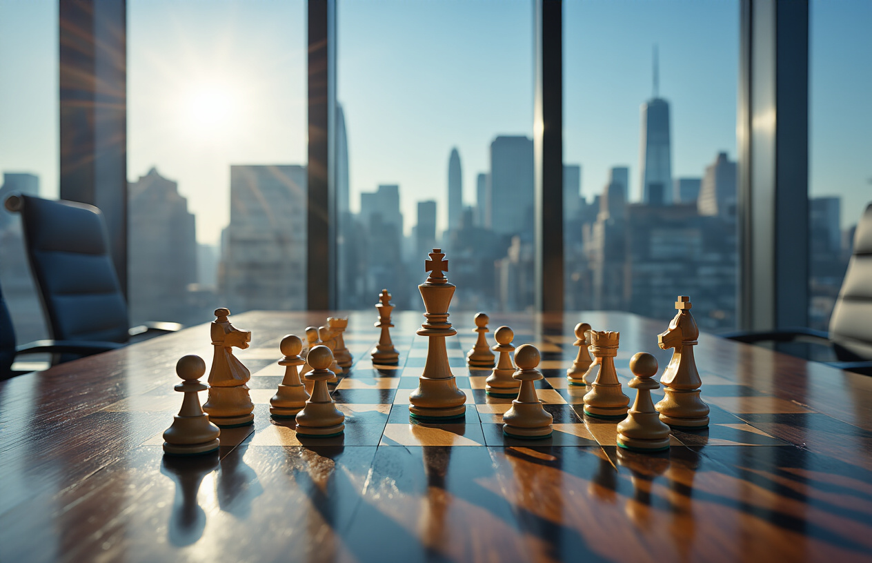 Create a realistic image of a modern boardroom scene with chess pieces strategically positioned on a polished conference table, showing an unconventional chess move in progress where a smaller piece is positioned to challenge larger, more powerful pieces, with dramatic side lighting casting strong shadows across the board, sleek glass windows in the background showing a city skyline, and the overall mood conveying bold strategic thinking and calculated risk-taking. Absolutely NO text should be in the scene.