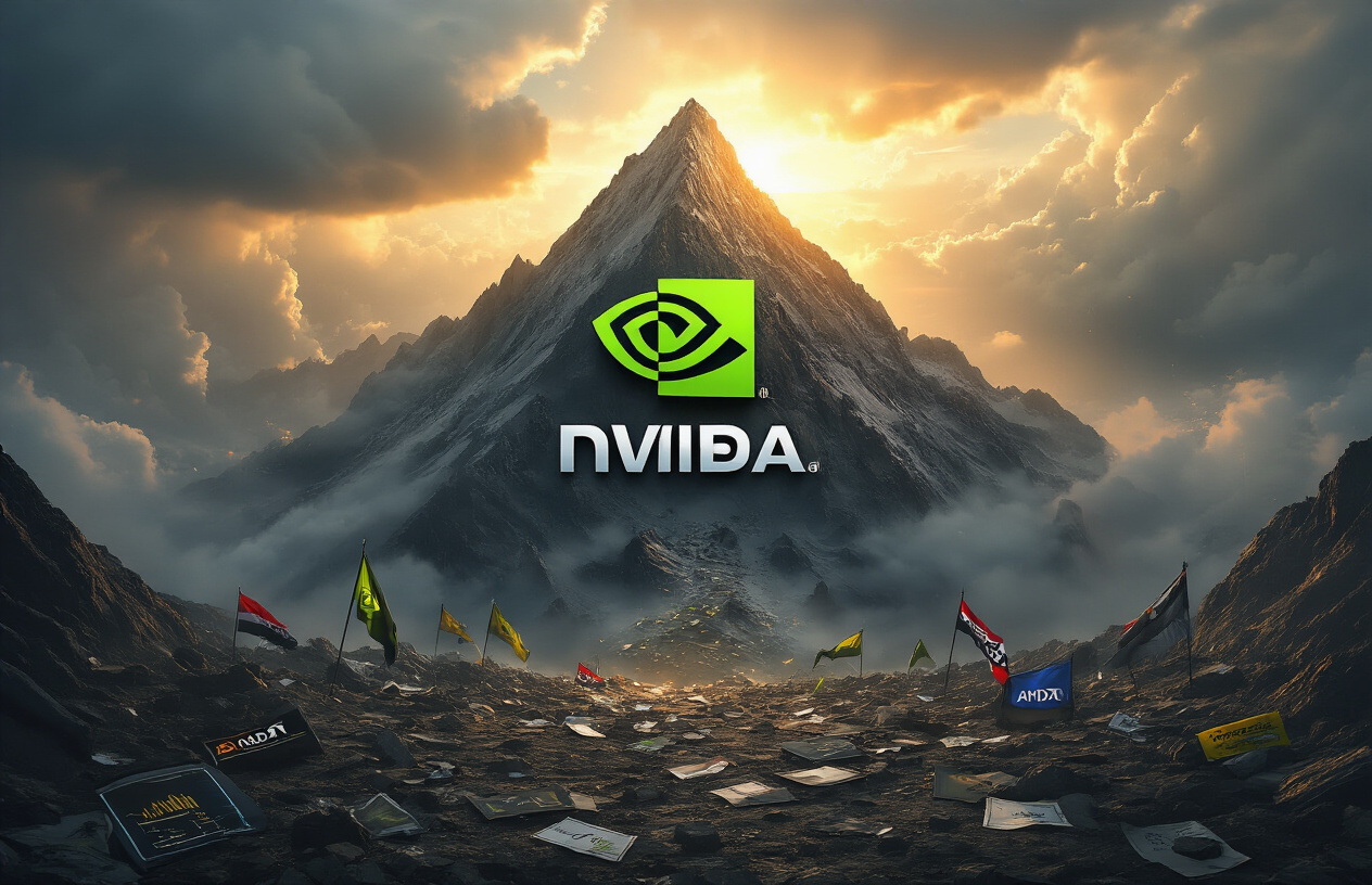 Create a realistic image of a dynamic business battlefield scene showing NVIDIA's green and black logo prominently displayed on a rising mountain peak, surrounded by fallen flags and logos of major tech companies like Intel, AMD, and others scattered at the base, with dramatic storm clouds clearing to reveal bright sunlight illuminating NVIDIA's position at the summit, symbolizing victory through key strategic battles, with a corporate war room aesthetic featuring charts and graphs showing upward trends in the background, moody lighting with golden hour warmth breaking through darker tones, absolutely NO text should be in the scene.
