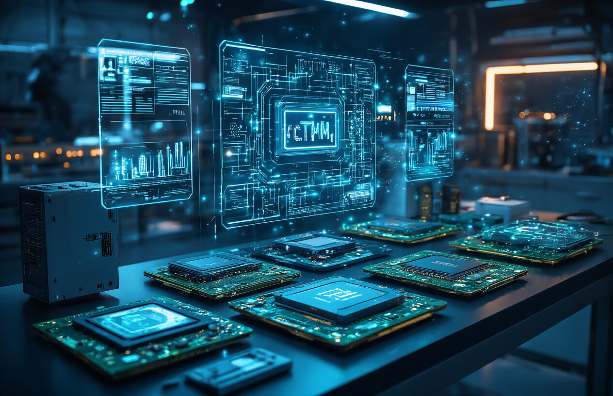 Create a realistic image of cutting-edge computer hardware components including advanced graphics processing units (GPUs), AI chips, and circuit boards arranged on a sleek modern laboratory workbench, with holographic displays showing data visualizations and neural network patterns floating above the devices, surrounded by futuristic blue and green lighting that illuminates the sophisticated technology, creating a high-tech atmosphere that emphasizes innovation and breakthrough engineering, with subtle lens flares and a dark gradient background that makes the glowing components stand out dramatically. Absolutely NO text should be in the scene.