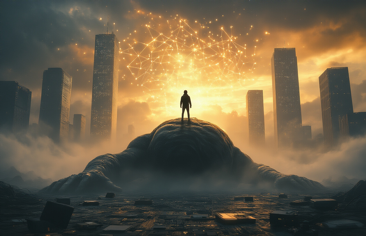 Create a realistic image of a small figure standing triumphantly on top of a massive fallen giant in a futuristic tech landscape, with glowing AI neural network patterns in the sky, towering corporate skyscrapers in the background shrouded in mist, dramatic golden lighting breaking through dark clouds above, scattered tech devices and circuit boards around the scene, and a mood of victory and transformation in the AI era, absolutely NO text should be in the scene.