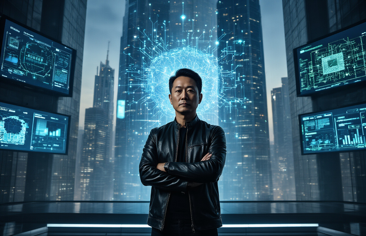 Create a realistic image of a modern tech executive, Asian male in his 50s, standing confidently on a elevated platform or stage with arms crossed, wearing a black leather jacket, with massive digital screens and holographic displays showing AI neural networks and GPU chip designs glowing in blue and green colors behind him, towering glass skyscrapers of major tech companies visible through large windows in the background slightly blurred and darkened to show they've been surpassed, dramatic uplighting from below creating a powerful silhouette effect, futuristic corporate boardroom or tech conference setting with sleek metal and glass architecture, atmosphere of triumph and technological dominance, cinematic lighting with cool blue and warm gold tones, absolutely NO text should be in the scene.