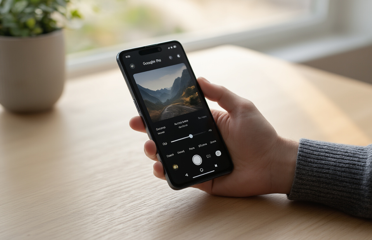 Create a realistic image of a Google Pixel 10 Pro smartphone held in hands showing the camera settings interface on screen, with various photography setting icons and sliders visible, positioned on a clean wooden desk surface with soft natural lighting from a window, creating a professional tutorial atmosphere with shallow depth of field focusing on the phone screen, absolutely NO text should be in the scene.