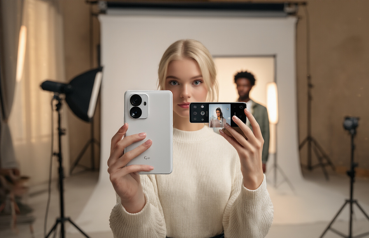 Create a realistic image of a white female photographer holding a Google Pixel 10 Pro smartphone in portrait orientation, taking a photo of a black male model who is positioned against a soft, blurred background with professional studio lighting, the scene shows the photographer demonstrating proper portrait photography technique with the phone's camera interface visible on the screen, warm ambient lighting creates a professional photography studio atmosphere, absolutely NO text should be in the scene.
