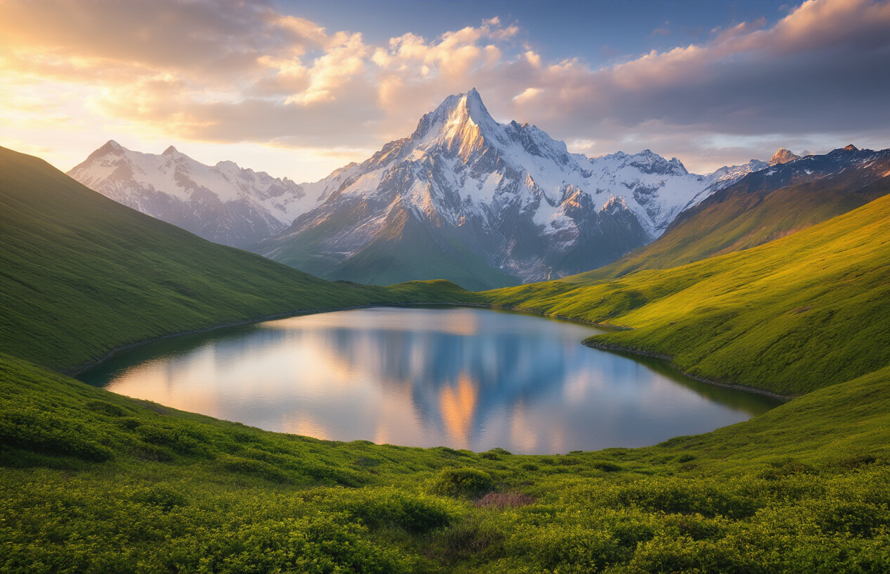 Create a realistic image of a stunning mountain landscape at golden hour with rolling hills covered in vibrant green vegetation in the foreground, a pristine lake reflecting the warm sunlight, and majestic snow-capped peaks in the background under a dramatic sky with soft clouds, captured with the sharp detail and rich colors characteristic of professional smartphone photography, with natural lighting creating beautiful shadows and depth across the scenic wilderness vista. Absolutely NO text should be in the scene.