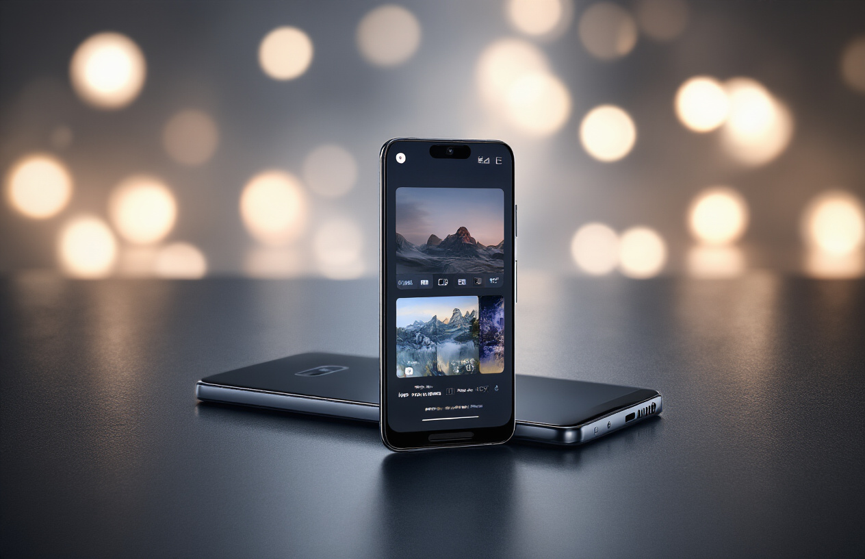 Create a realistic image of a Google Pixel 10 Pro smartphone positioned at an angle on a sleek dark surface, with its camera interface displayed on the screen showing advanced photography settings and modes, surrounded by subtle lighting that highlights the phone's premium design and camera module, with soft bokeh lights in the background creating a professional tech photography atmosphere, absolutely NO text should be in the scene.