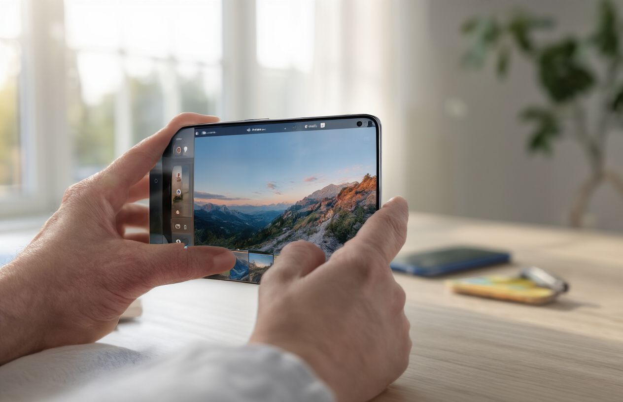 Create a realistic image of hands holding a Google Pixel 10 Pro smartphone displaying the photo editing interface with built-in editing tools visible on screen, showing adjustment sliders and filter options, with a partially edited landscape photo visible in the editor, set against a clean desk workspace with soft natural lighting from a window, creating a focused and productive atmosphere for mobile photography editing. Absolutely NO text should be in the scene.
