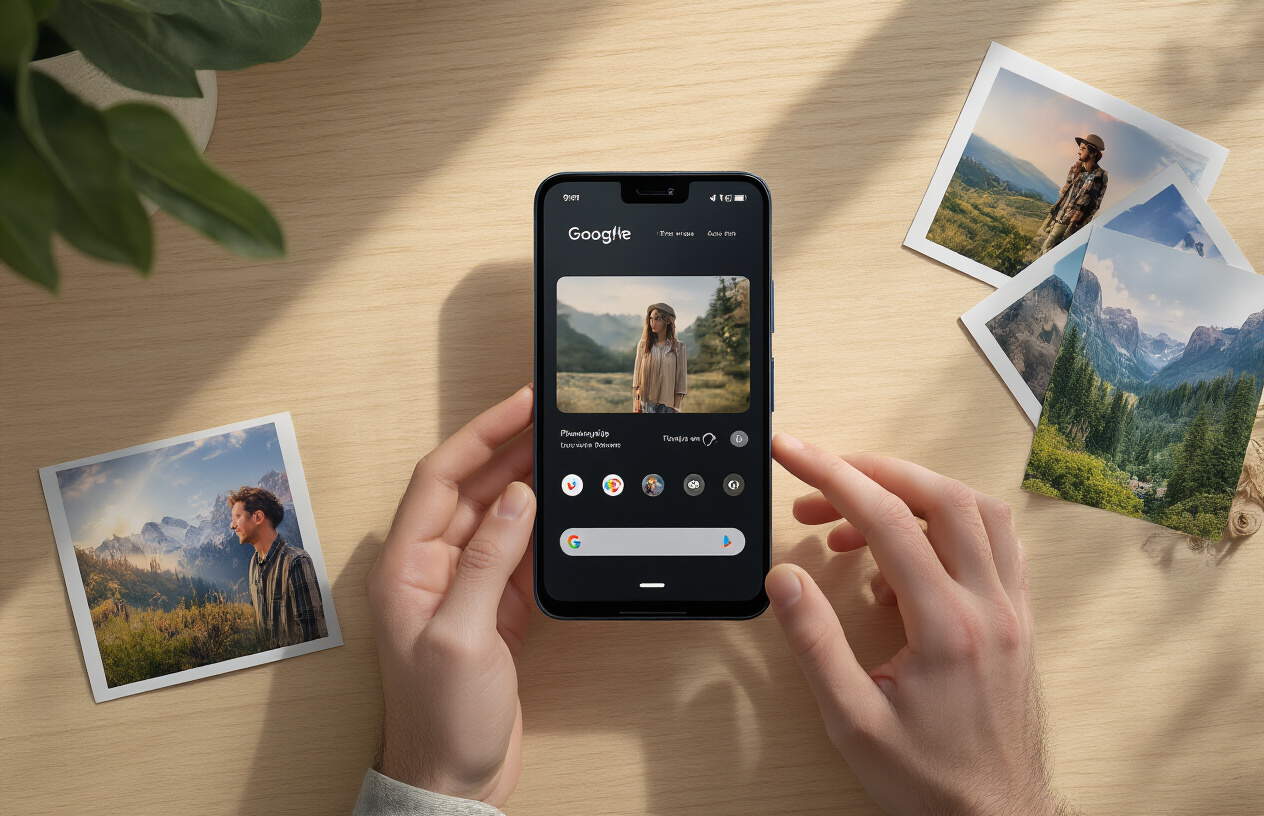 Create a realistic image of a Google Pixel 10 Pro smartphone positioned at a dynamic angle on a clean wooden desk surface, with the camera app interface visible on the screen showing photography mode options, surrounded by several printed photos showcasing different photography styles including portraits, landscapes, and nature shots scattered artistically around the phone, soft natural lighting from a nearby window creating gentle shadows, a pair of hands visible in the frame belonging to a white male photographer making final adjustments to the phone's position, the scene conveying mastery and accomplishment in mobile photography, warm and inspiring atmosphere suggesting successful learning completion, absolutely NO text should be in the scene.