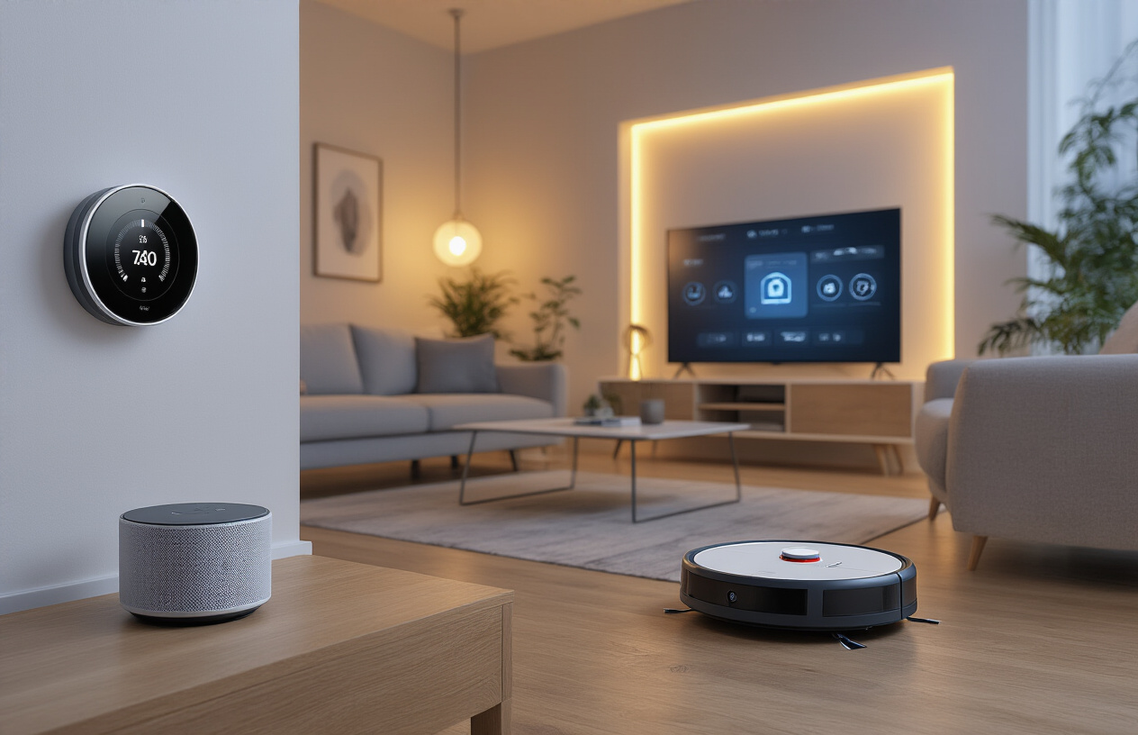 Create a realistic image of a modern living room showcasing multiple AI-powered smart home devices including a smart thermostat on the wall, a voice assistant speaker on a coffee table, smart light bulbs glowing warmly, a robot vacuum cleaner on hardwood floors, and a smart TV displaying a home automation interface, with sleek contemporary furniture, warm ambient lighting suggesting evening time, and a cozy atmosphere that demonstrates how technology seamlessly integrates into daily home life, absolutely NO text should be in the scene.