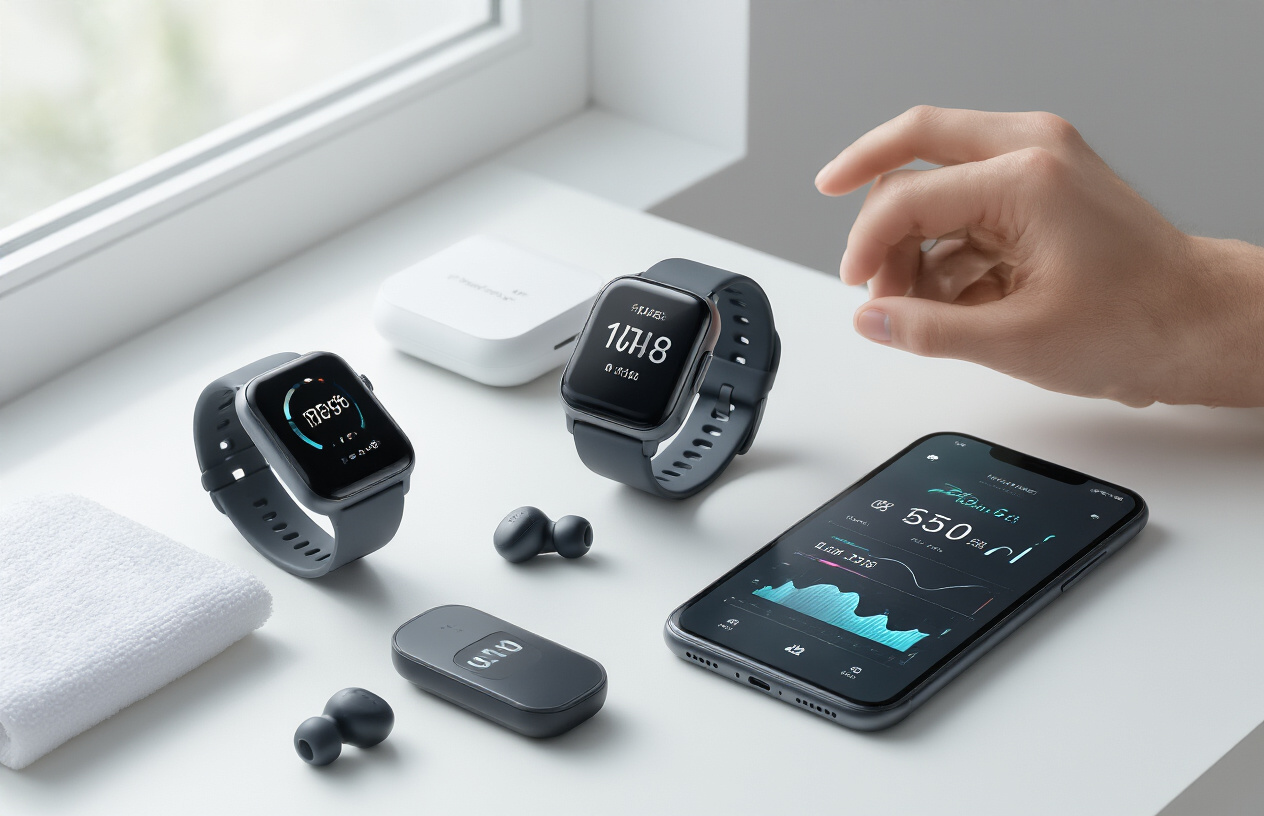Create a realistic image of a modern fitness setup featuring AI-powered health devices including a sleek smartwatch on someone's wrist, a smart fitness tracker, wireless earbuds, a digital scale, and a smartphone displaying health metrics, arranged on a clean white surface with soft natural lighting from a window, creating a bright and modern atmosphere that emphasizes the high-tech nature of these wellness gadgets, absolutely NO text should be in the scene.