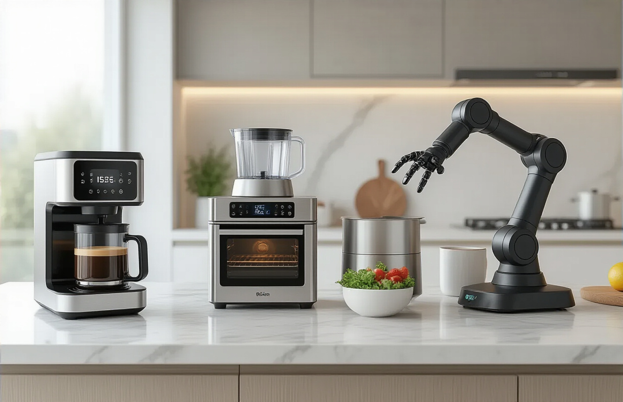 Create a realistic image of a modern kitchen countertop showcasing multiple AI-powered kitchen gadgets including a smart coffee maker with digital display, an intelligent food processor, a voice-controlled smart oven, and a robotic cooking assistant arm, all featuring sleek metallic finishes and LED indicators, set against a contemporary kitchen background with marble countertops and soft natural lighting from a window, creating an innovative and futuristic cooking environment, absolutely NO text should be in the scene.