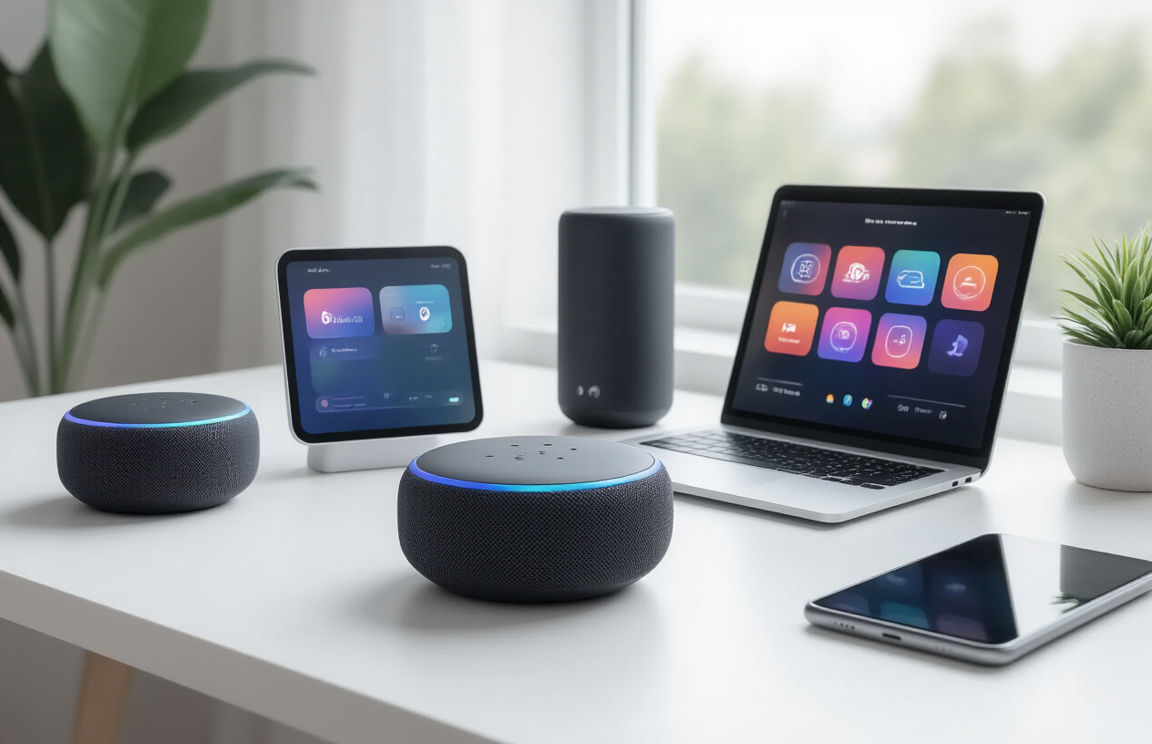 Create a realistic image of a modern workspace showcasing AI-powered entertainment and productivity gadgets including smart speakers, wireless earbuds, a tablet displaying colorful app interfaces, a sleek laptop, and a smartphone, all arranged on a clean white desk with soft natural lighting from a nearby window, featuring a relaxed atmosphere with some gadgets showing subtle LED indicators or glowing elements to suggest their AI capabilities, absolutely NO text should be in the scene.