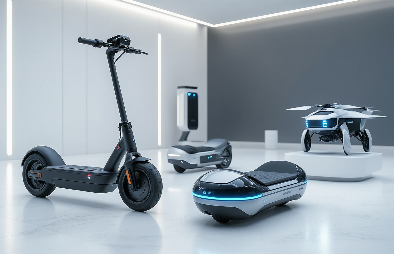 Create a realistic image of futuristic AI-powered personal transportation devices including a sleek autonomous electric scooter, a self-balancing hoverboard with LED indicators, and a compact personal flying drone vehicle, all displayed in a modern showroom setting with clean white floors and soft ambient lighting, featuring chrome and metallic finishes on the gadgets with subtle blue accent lights indicating AI functionality, arranged in an elegant display formation against a minimalist gray backdrop, absolutely NO text should be in the scene.