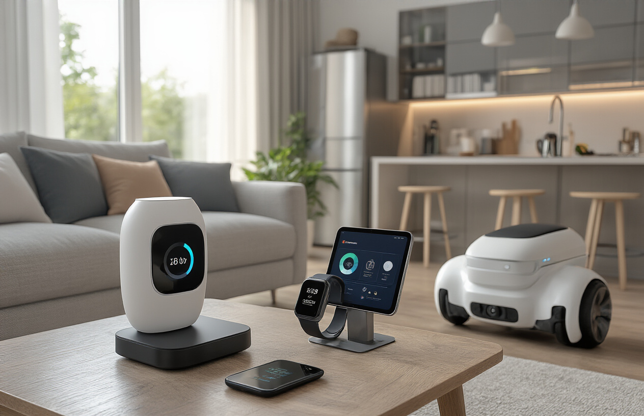 Create a realistic image of a modern living room showcasing various AI-powered gadgets including a smart home hub on a coffee table, fitness tracker and smartwatch on the table surface, an AI-enabled kitchen appliance visible in the background, a sleek tablet displaying productivity apps, and a futuristic personal transportation device like a smart scooter in the corner, all arranged in an organized display with soft natural lighting streaming through a window, creating an inspiring and tech-forward atmosphere that represents the future of AI integration in daily life, absolutely NO text should be in the scene.