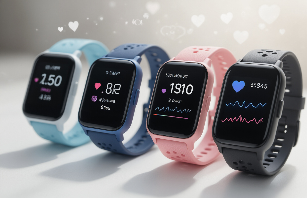 Create a realistic image of a close-up view of multiple modern fitness tracker devices displayed on a clean white surface, showing sleek smartwatches and fitness bands with colorful sport straps in black, blue, and pink, featuring visible heart rate sensors and digital displays showing health metrics like step counts and heart rate graphs, with soft natural lighting from the side creating gentle shadows, and a minimalist background with subtle health-related icons like heartbeat symbols floating softly in the background, conveying an innovative and health-focused atmosphere, absolutely NO text should be in the scene.