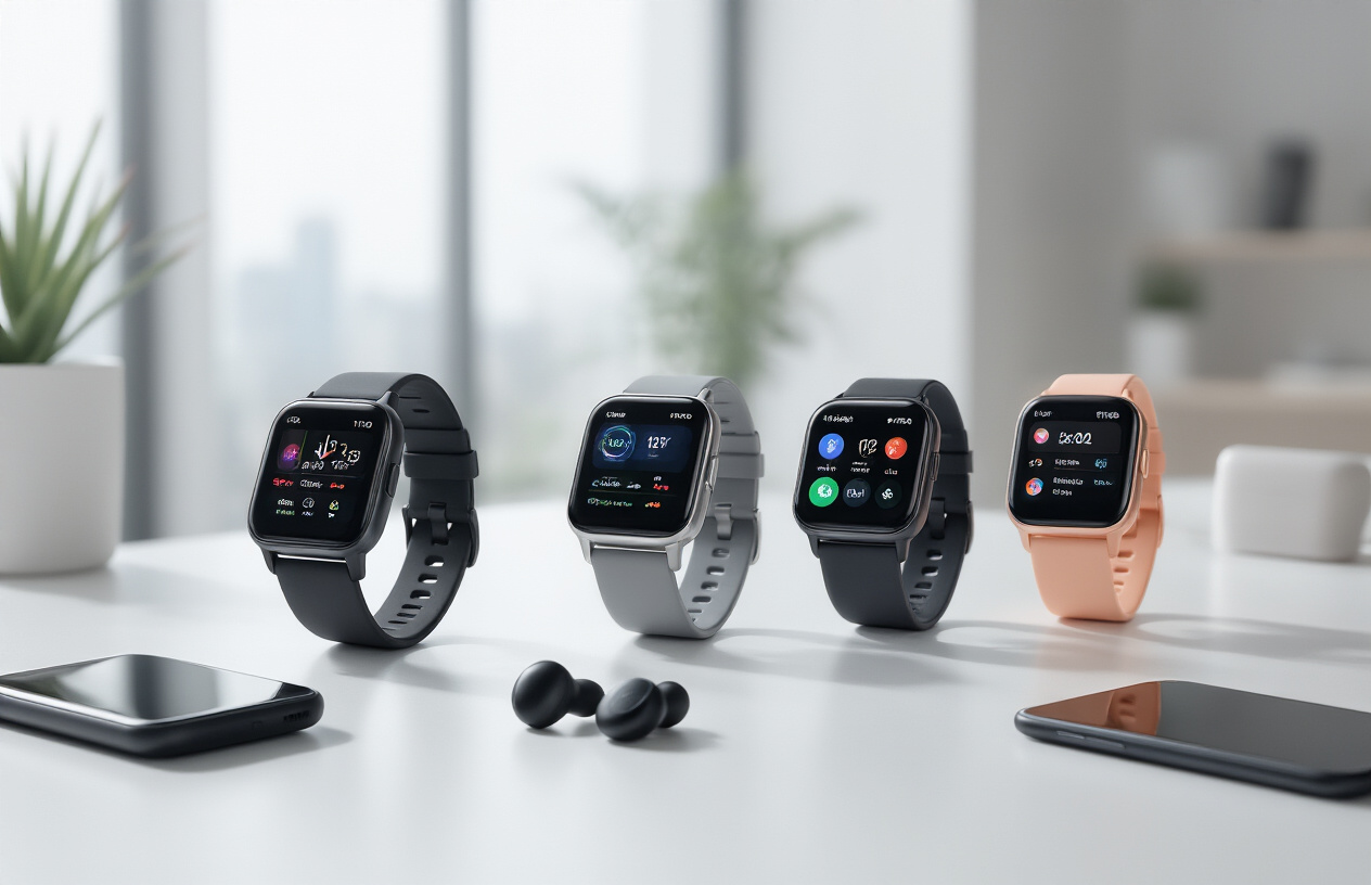 Create a realistic image of multiple cutting-edge smartwatches displayed on a modern white desk surface, featuring sleek designs with vibrant OLED screens showing productivity apps like calendars, fitness trackers, and notification interfaces, surrounded by minimalist tech accessories including wireless earbuds and a smartphone, with soft natural lighting from a nearby window creating gentle shadows, captured in a clean contemporary office environment with a blurred background of modern workspace elements, emphasizing the premium quality and advanced technology of the wearable devices, absolutely NO text should be in the scene.