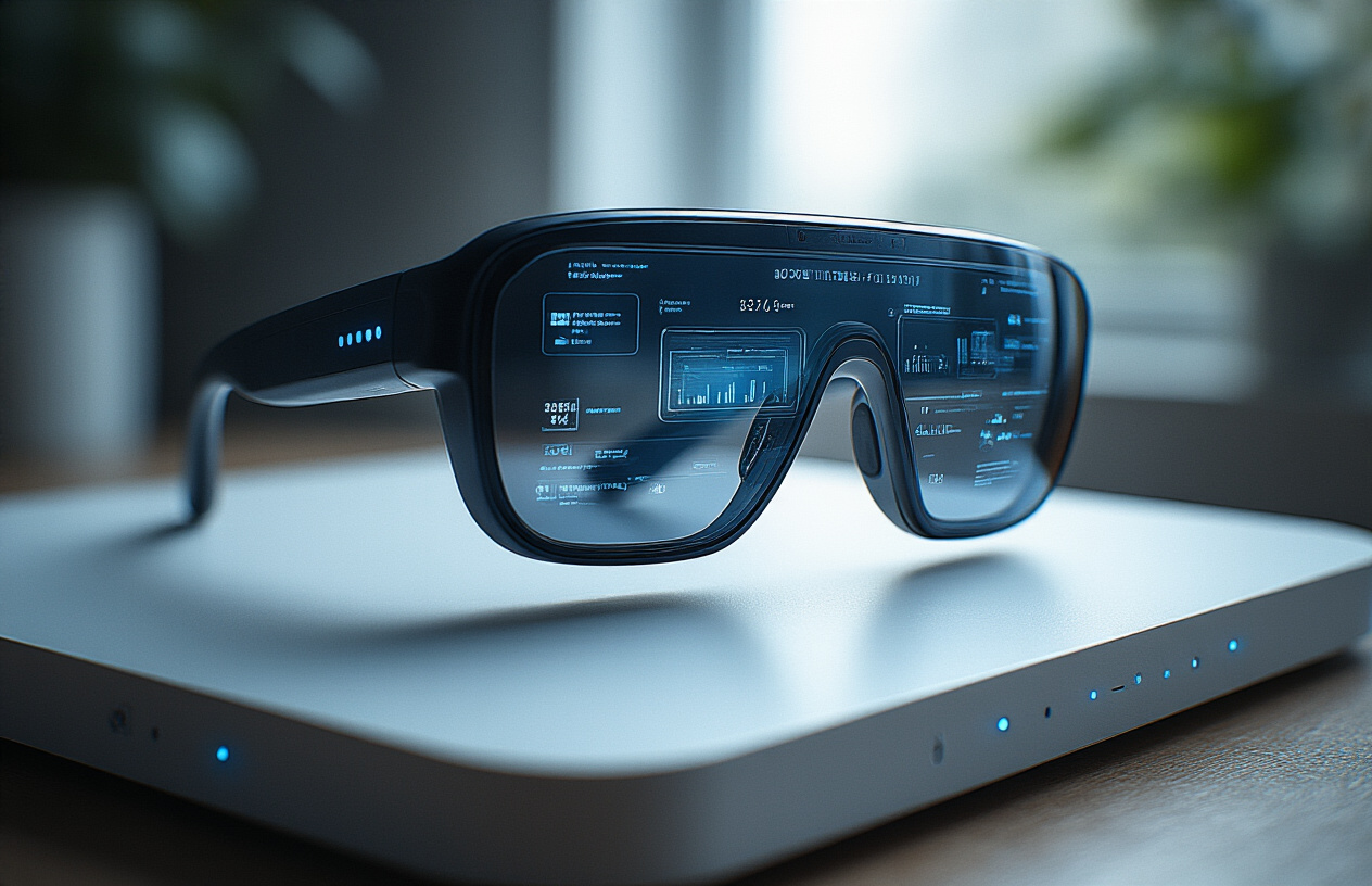 Create a realistic image of sleek modern smart glasses with transparent AR display overlays showing digital information floating in front of the lenses, placed on a clean white surface with soft studio lighting, featuring a futuristic minimalist design with thin black frames and subtle blue LED indicators, complemented by wireless charging case nearby, shot from a three-quarter angle to showcase the high-tech wearable technology, with gentle shadows and professional product photography lighting. Absolutely NO text should be in the scene.