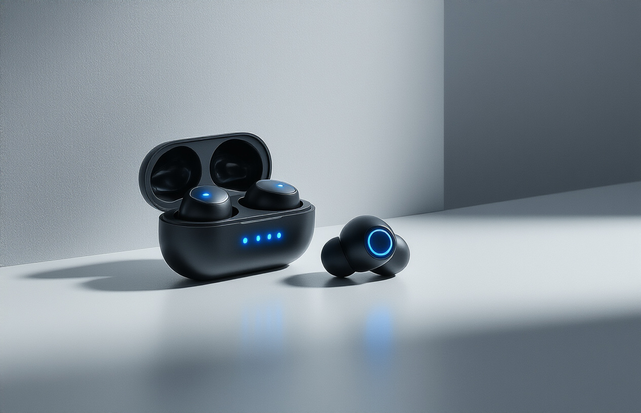 Create a realistic image of modern wireless earbuds with sleek design sitting on a clean white surface, with soft blue LED indicators glowing to show active connectivity, accompanied by their compact charging case partially open, set against a minimalist gradient background transitioning from light gray to white, with gentle ambient lighting creating subtle shadows, showcasing the premium technology aesthetic of intelligent audio devices, absolutely NO text should be in the scene.