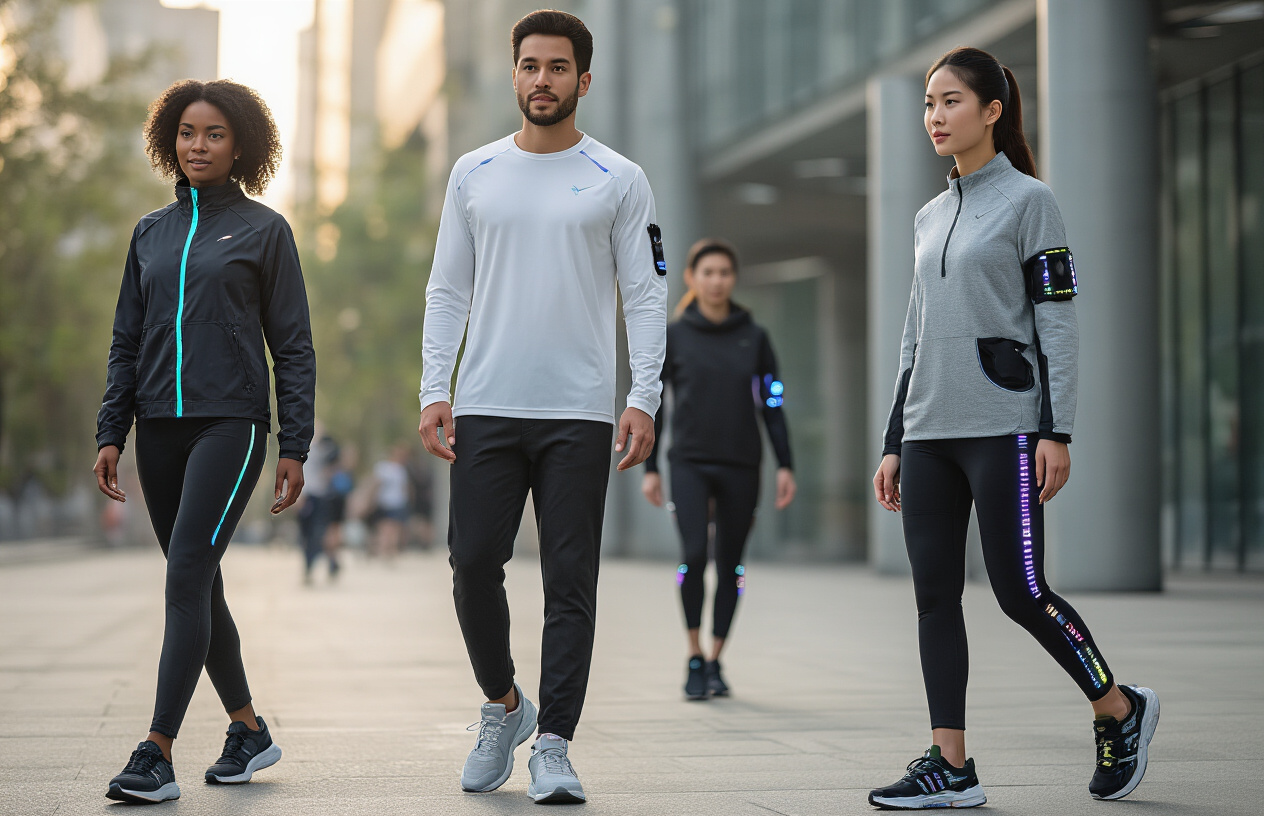 Create a realistic image of a diverse group of people wearing futuristic smart clothing including a black female wearing a color-changing fitness jacket, a white male in a temperature-regulating smart shirt, and an Asian female wearing intelligent sneakers with LED indicators, all in a modern urban setting with soft natural lighting that emphasizes the adaptive technology features of their garments, shot from a mid-distance perspective showing the clothing details clearly, absolutely NO text should be in the scene.