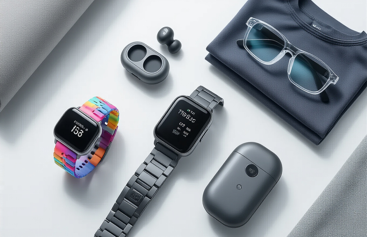 Create a realistic image of a modern flat lay composition showcasing five different wearable gadgets arranged artistically on a clean white surface: a sleek fitness tracker with colorful sport band, a premium smartwatch with metallic finish, futuristic smart glasses with transparent frames, wireless earbuds in their charging case, and a piece of smart clothing fabric with embedded sensors, all positioned with subtle shadows and soft natural lighting from above creating a professional product photography aesthetic, absolutely NO text should be in the scene.