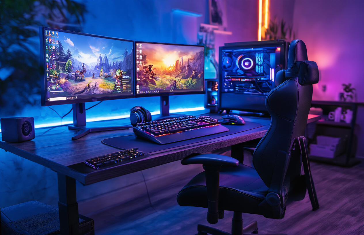 Create a realistic image of a modern gaming desk setup featuring essential gaming peripherals including a mechanical RGB keyboard with colorful backlighting, a high-precision gaming mouse with LED accents, a professional gaming headset with microphone, multiple monitors displaying vibrant game interfaces, a gaming mousepad, and a sleek gaming chair, all arranged on a dark wooden desk in a dimly lit room with ambient blue and purple lighting creating a professional esports atmosphere, shot from a three-quarter angle to showcase all peripherals clearly, with clean cable management and a sophisticated gaming environment aesthetic, absolutely NO text should be in the scene.