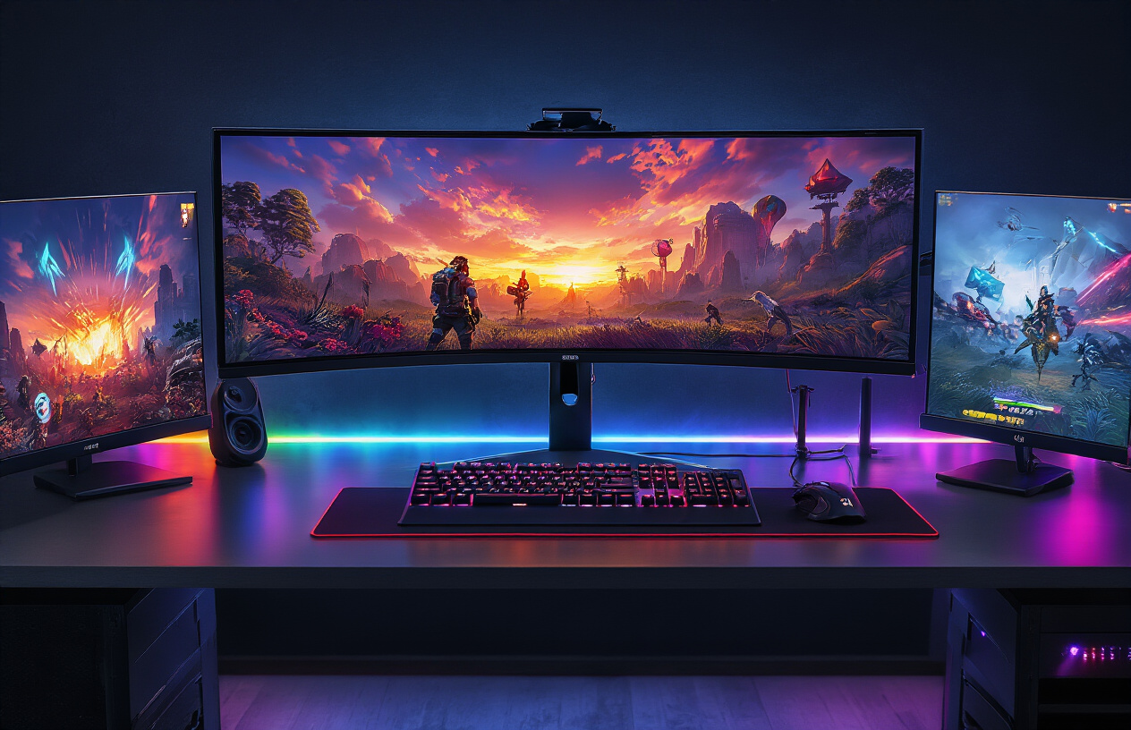 Create a realistic image of a modern gaming setup featuring multiple high-end display monitors with vibrant, colorful game graphics on their screens, including a large curved ultrawide monitor as the centerpiece flanked by two smaller vertical monitors, all mounted on sleek black monitor arms against a dark wall, with RGB lighting strips behind the monitors casting a subtle glow, a mechanical gaming keyboard and high-precision gaming mouse on a clean desk surface, and the overall scene illuminated by the bright, dynamic colors from the game displays creating an immersive atmosphere, absolutely NO text should be in the scene.