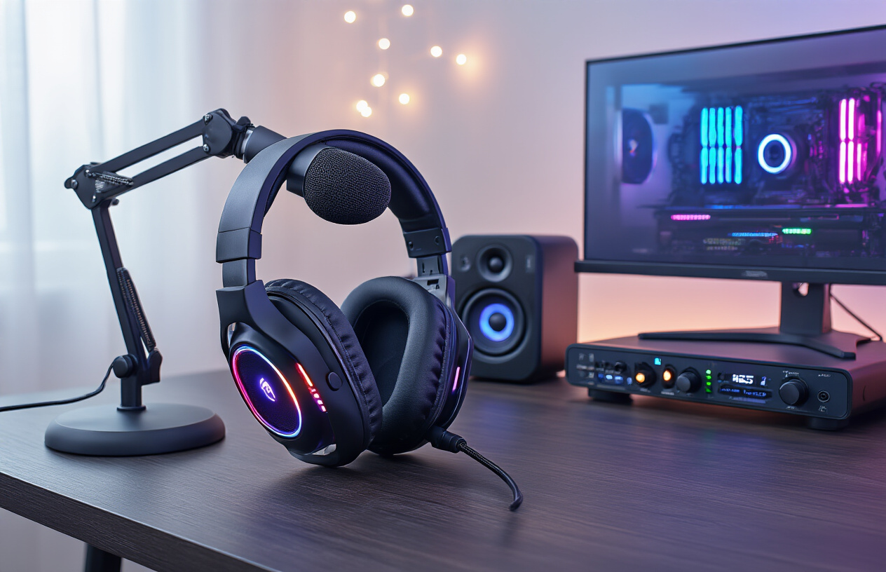 Create a realistic image of premium gaming audio equipment arranged on a sleek dark wooden desk, featuring a high-end gaming headset with RGB lighting, a professional microphone on an adjustable boom arm, desktop speakers with illuminated accents, and a digital audio interface, all set against a modern gaming setup background with soft ambient lighting and subtle blue and purple LED accents creating a sophisticated tech atmosphere, shot from a slightly elevated angle to showcase the equipment clearly, absolutely NO text should be in the scene.