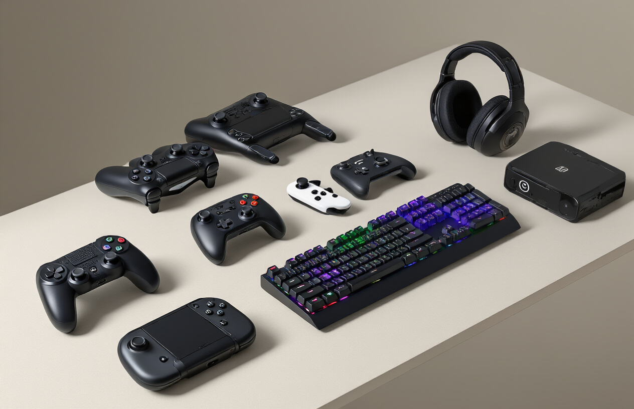 Create a realistic image of a collection of gaming controllers and input devices arranged on a modern desk surface, including PlayStation controllers, Xbox controllers, Nintendo Switch Joy-Cons, a mechanical gaming keyboard with RGB lighting, a precision gaming mouse, a gaming headset, and a handheld gaming device, all displayed in an organized layout with soft studio lighting creating subtle shadows, clean modern background with neutral colors, absolutely NO text should be in the scene.