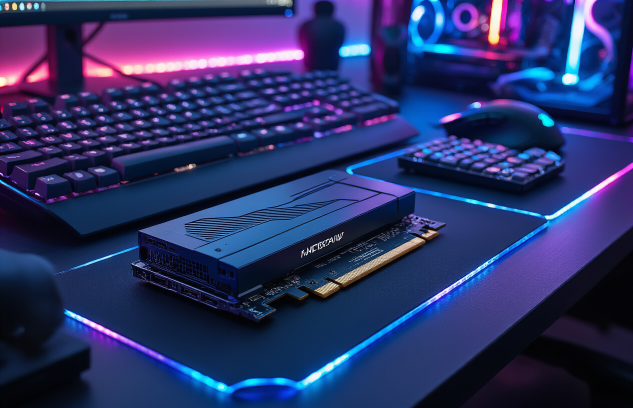 Create a realistic image of high-performance gaming storage devices including NVMe SSDs, external hard drives, and RAM memory modules arranged on a sleek black desk surface, with RGB LED lighting strips casting blue and purple ambient lighting, gaming peripherals like a mechanical keyboard and gaming mouse visible in the background, creating a modern tech-focused atmosphere that emphasizes speed and performance enhancement for gaming setups, absolutely NO text should be in the scene.