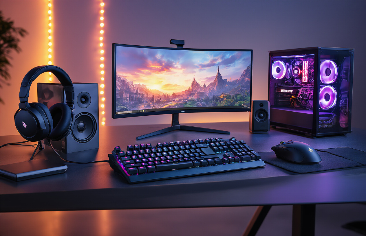 Create a realistic image of a modern gaming setup on a sleek desk featuring high-end gaming peripherals including a mechanical RGB keyboard, precision gaming mouse, large curved gaming monitor displaying vibrant game graphics, premium over-ear headphones, wireless gaming controller, external SSD drive, and gaming speakers, all arranged in an organized and visually appealing manner with soft ambient LED lighting in the background creating a professional tech showcase atmosphere, shot from a three-quarter angle perspective with warm studio lighting that highlights the metallic and glossy surfaces of the devices, absolutely NO text should be in the scene.