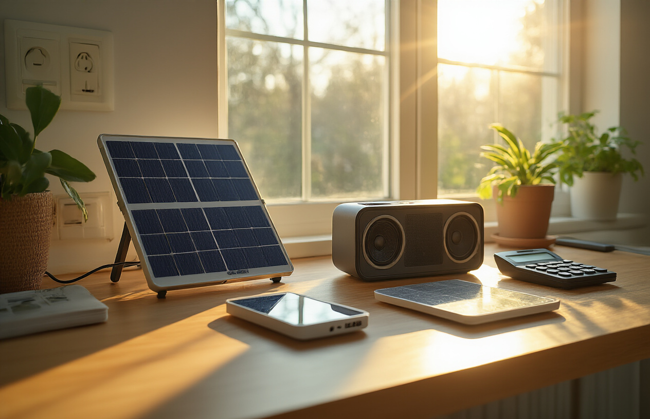 Create a realistic image of various solar-powered devices arranged on a modern wooden desk including a solar phone charger, solar-powered speaker, solar calculator, and portable solar panel, with bright natural sunlight streaming through a large window in the background, casting warm golden light across the scene, with a clean modern home office setting, electrical outlet visible on the wall with unplugged cords nearby suggesting reduced energy dependency, green plants on windowsill emphasizing eco-friendly theme, absolutely NO text should be in the scene.