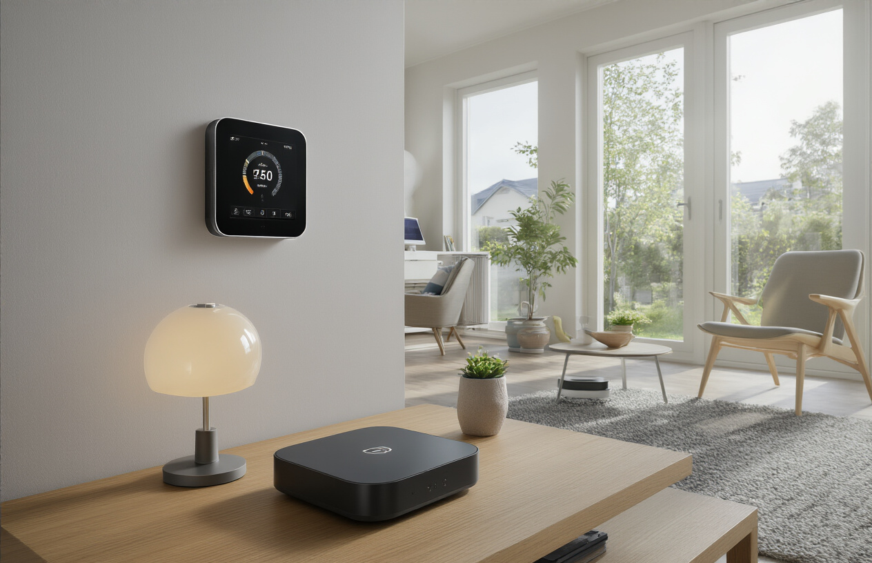 Create a realistic image of a modern living room showcasing energy-efficient smart home technology with a smart thermostat on the wall displaying temperature settings, LED smart bulbs in stylish lamps, a sleek smart home hub on a wooden coffee table, solar panels visible through large windows, and energy-efficient appliances in the background, all set in a clean, minimalist interior with natural lighting streaming through the windows creating a bright, eco-conscious atmosphere, absolutely NO text should be in the scene.