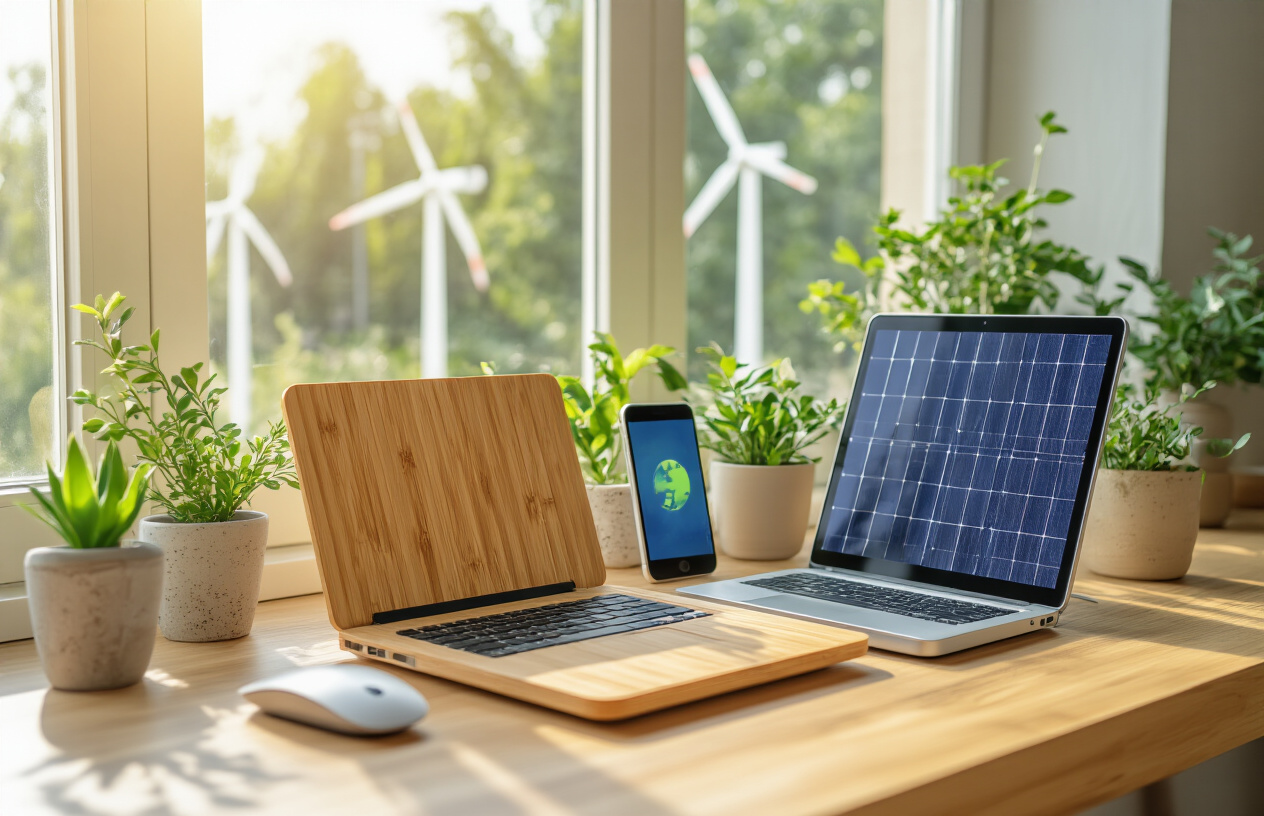 Create a realistic image of eco-friendly computing devices arranged on a clean wooden desk including a bamboo laptop, solar-powered smartphone, recycled plastic tablet, and energy-efficient wireless mouse, surrounded by small green plants and natural lighting from a window, with visible solar panels or wind turbines in the blurred background through the window, showcasing sustainable technology in a modern minimalist workspace with warm natural lighting, absolutely NO text should be in the scene.