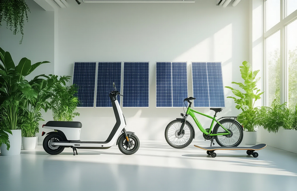 Create a realistic image of modern eco-friendly transportation devices displayed in a clean, bright indoor showroom setting, featuring an electric scooter, electric bicycle, and electric skateboard arranged on a white floor, with solar panels visible on the wall in the background, soft natural lighting from large windows, green plants placed around the space, and a minimalist modern aesthetic with white and green color scheme, absolutely NO text should be in the scene.