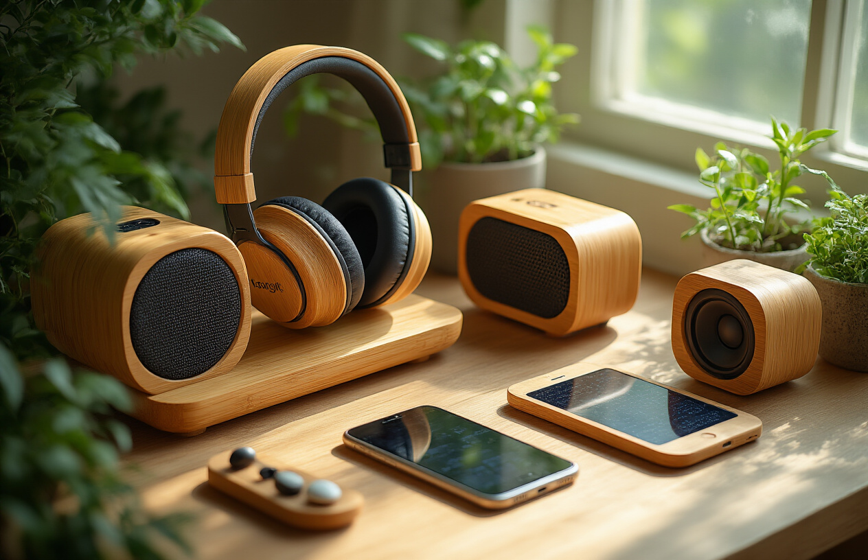 Create a realistic image of eco-friendly audio and entertainment gadgets arranged on a natural wood surface, including bamboo headphones, solar-powered speakers, wooden smartphone stands, and recycled plastic earbuds, surrounded by small green plants and natural lighting from a window, with soft shadows creating a warm, sustainable technology atmosphere, absolutely NO text should be in the scene.