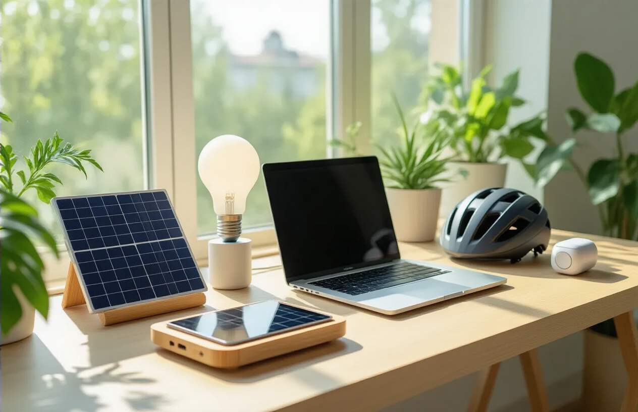 Create a realistic image of a modern, clean workspace featuring a collection of eco-friendly tech gadgets arranged on a light wooden desk, including a solar panel charger with a smartphone, energy-efficient LED smart bulbs, a bamboo laptop stand with a sleek laptop, an electric bike helmet, and wireless earbuds in a biodegradable case, with green plants and natural lighting from a large window in the background creating a fresh, sustainable atmosphere, photographed in bright daylight with soft shadows, absolutely NO text should be in the scene.