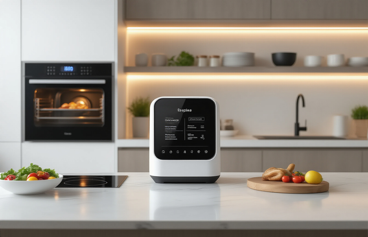 Create a realistic image of a modern kitchen counter featuring a sleek AI cooking assistant device with a digital display showing recipe suggestions and cooking instructions, surrounded by smart kitchen appliances including a connected oven, intelligent stovetop, and automated meal prep tools, with soft LED lighting illuminating the high-tech cooking environment, creating a futuristic yet warm atmosphere that showcases the integration of artificial intelligence in culinary preparation, absolutely NO text should be in the scene.