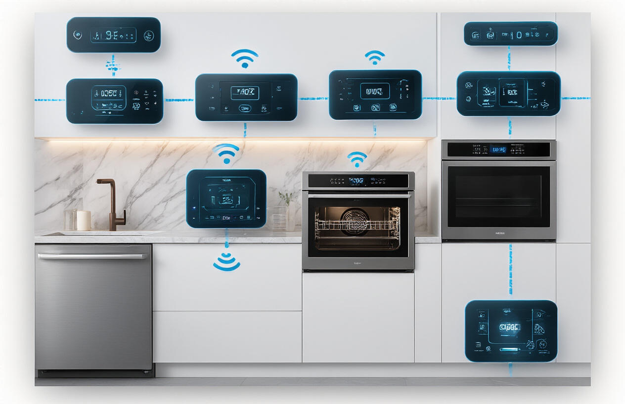 Create a realistic image of a modern smart kitchen with multiple connected appliances including a sleek refrigerator with digital display, smart oven with touchscreen interface, intelligent dishwasher, and connected cooktop, all showing synchronized blue LED indicators and wireless connectivity symbols, featuring a clean contemporary kitchen design with white cabinets, marble countertops, stainless steel appliances, soft ambient lighting, and a minimalist aesthetic that emphasizes the technological integration between all devices, absolutely NO text should be in the scene.