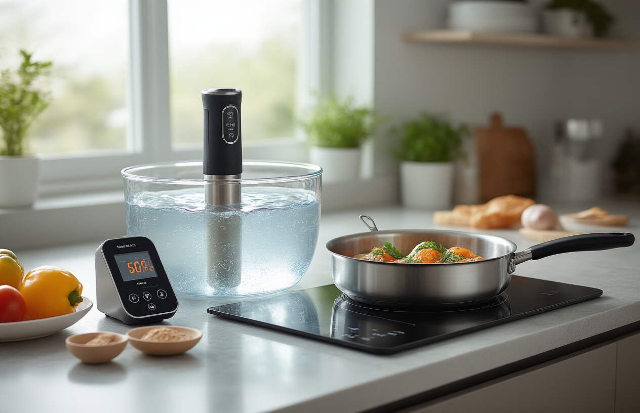Create a realistic image of modern precision cooking tools arranged on a sleek kitchen countertop including a sous vide immersion circulator in a clear water bath, a digital instant-read thermometer, a precise kitchen scale with ingredients, and a smart induction cooktop with a temperature probe inserted into food in a stainless steel pan, all set against a contemporary kitchen background with soft natural lighting from a window, creating a professional and high-tech cooking atmosphere, absolutely NO text should be in the scene.