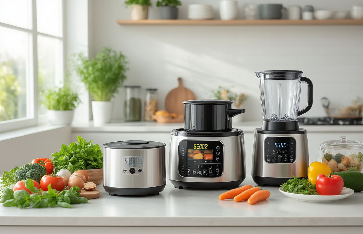 Create a realistic image of a modern kitchen counter displaying an array of time-saving smart gadgets including a sleek multi-cooker, food processor, automatic vegetable chopper, digital scale, and smart blender, with fresh ingredients like vegetables and herbs artfully arranged around them, set against a clean contemporary kitchen background with bright natural lighting streaming through a window, creating an efficient and organized meal preparation workspace atmosphere, absolutely NO text should be in the scene.