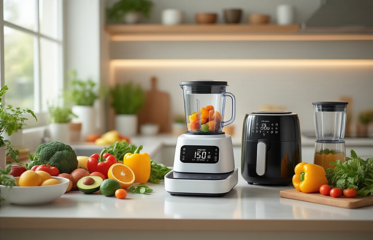 Create a realistic image of a modern kitchen countertop featuring advanced health-focused smart cooking gadgets including a digital food scale with nutritional display, a smart blender with LED indicators, an air fryer with touch controls, and a precision cooking thermometer, surrounded by fresh colorful vegetables, fruits, and healthy ingredients, with soft natural lighting from a nearby window creating a clean and inviting atmosphere that emphasizes wellness and modern technology integration. Absolutely NO text should be in the scene.