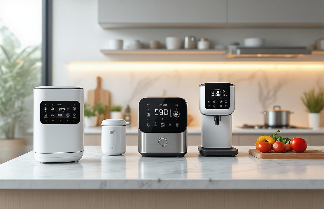 Create a realistic image of a modern kitchen countertop showcasing multiple smart cooking gadgets including a sleek AI cooking assistant display, connected smart appliances with digital interfaces, precision cooking tools like a sous vide device and smart thermometer, time-saving preparation gadgets, and health-focused technology devices, all arranged in an aesthetically pleasing composition on a clean marble countertop with warm ambient lighting, soft shadows, and a blurred contemporary kitchen background featuring stainless steel appliances, creating a futuristic yet approachable atmosphere that conveys innovation and culinary excellence, absolutely NO text should be in the scene.