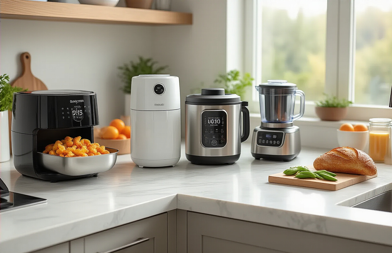 Create a realistic image of a modern kitchen countertop showcasing innovative cooking gadgets including a sleek smart air fryer, digital instant pot, high-tech blender with LED display, precision sous vide cooker, and smart kitchen scale arranged on a clean marble counter surface with soft natural lighting from a nearby window, creating a bright and contemporary atmosphere that emphasizes the cutting-edge technology and modern design of these culinary tools, absolutely NO text should be in the scene.