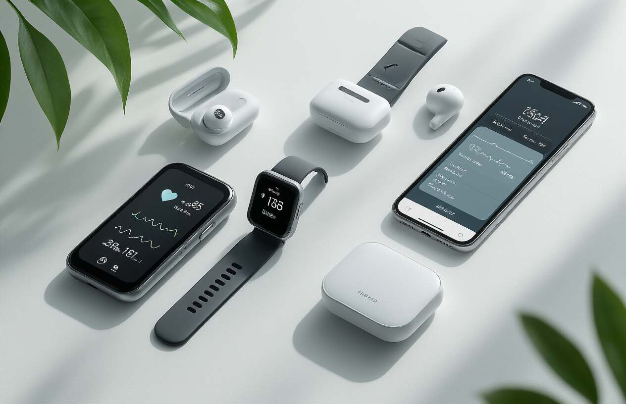 Create a realistic image of modern health and wellness technology devices arranged on a clean white surface, featuring a smartwatch displaying heart rate data, wireless earbuds in their charging case, a sleek fitness tracker, a digital blood pressure monitor, and a smartphone showing a health app interface, with soft natural lighting creating gentle shadows, complemented by a minimalist background with subtle green plant leaves visible at the edge of the frame, conveying a sense of innovation and well-being, absolutely NO text should be in the scene.